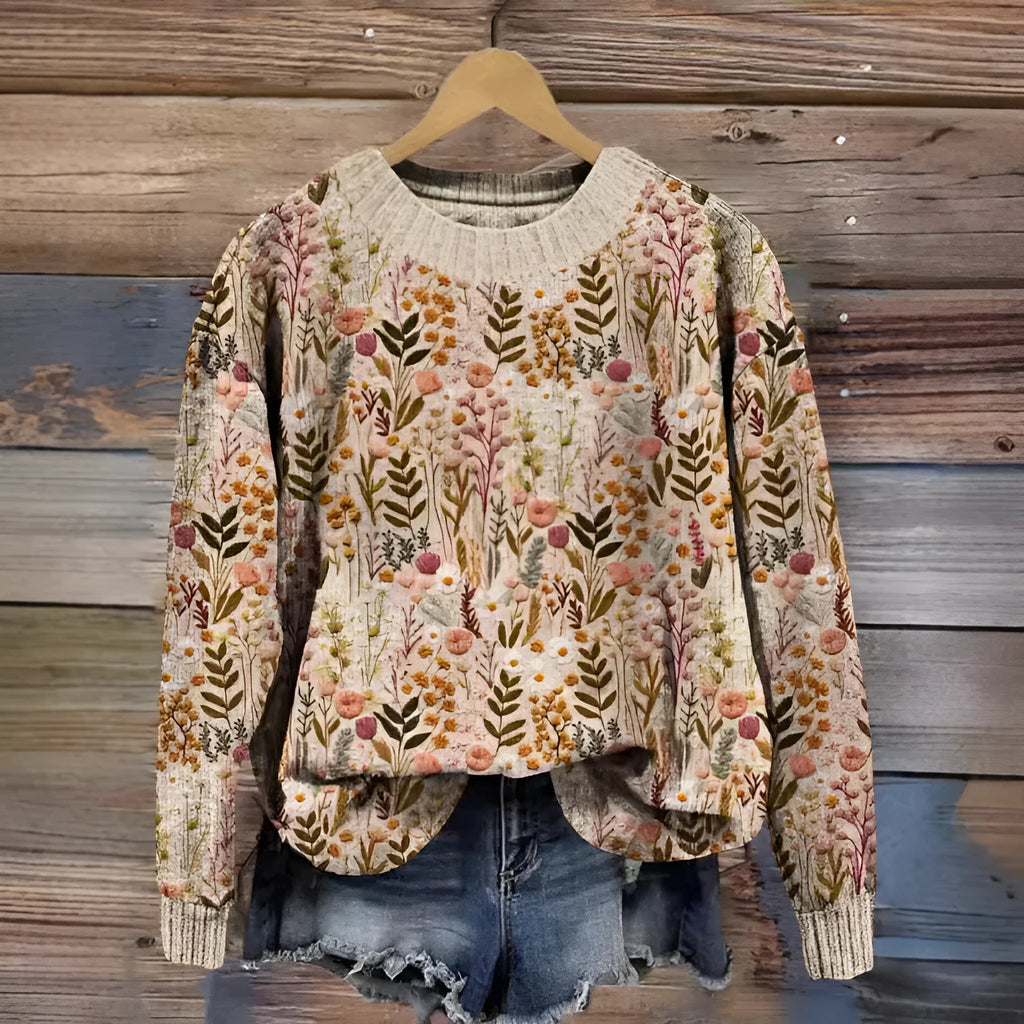 Women's round neck floral print sweater in purple, sizes S to 4XL
