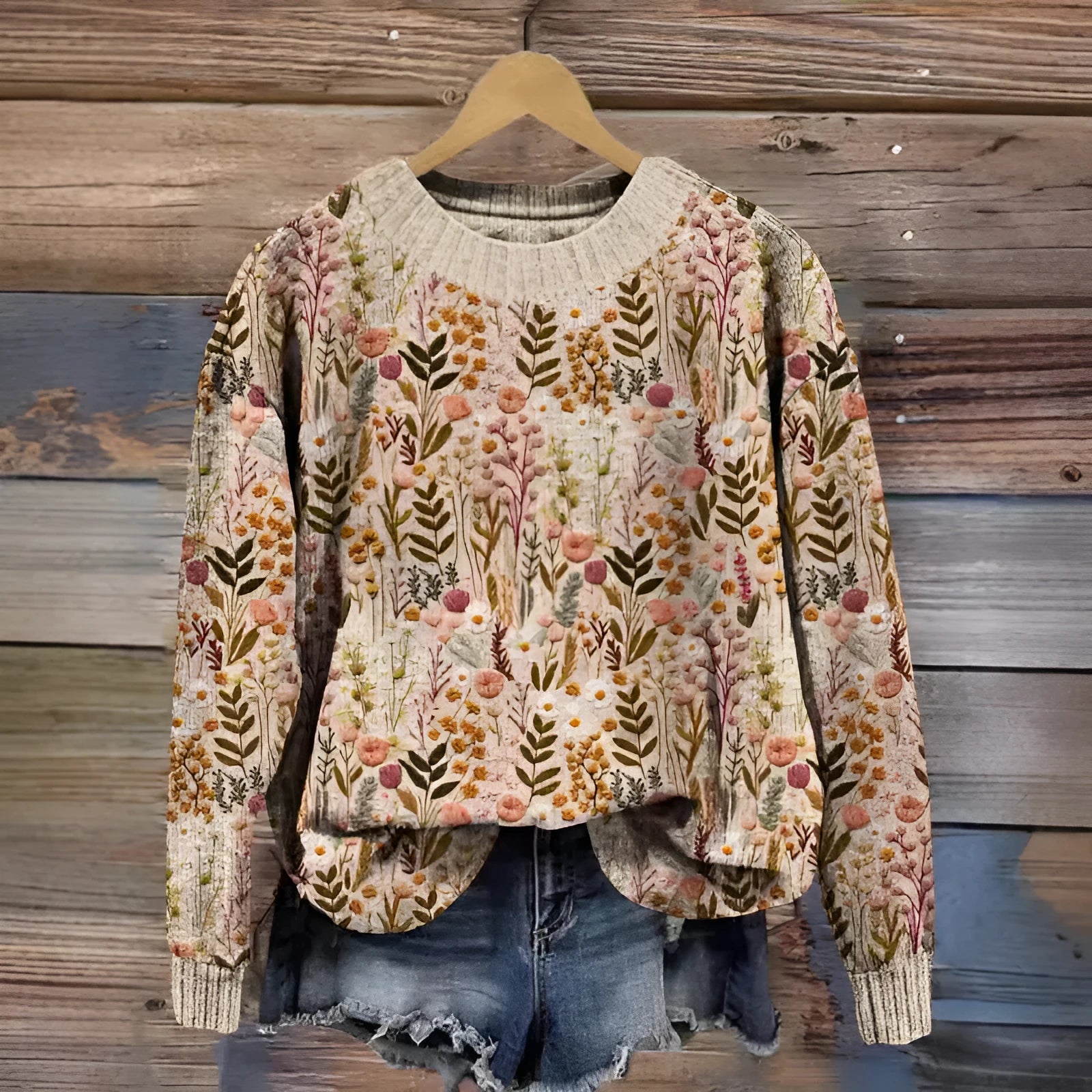 Women's round neck floral print sweater in purple, sizes S to 4XL