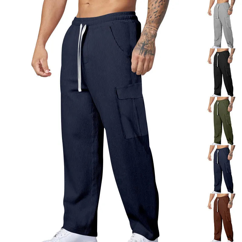 Men's corduroy cargo trousers in wide-leg straight cut with drawstring waist autumn casual pants