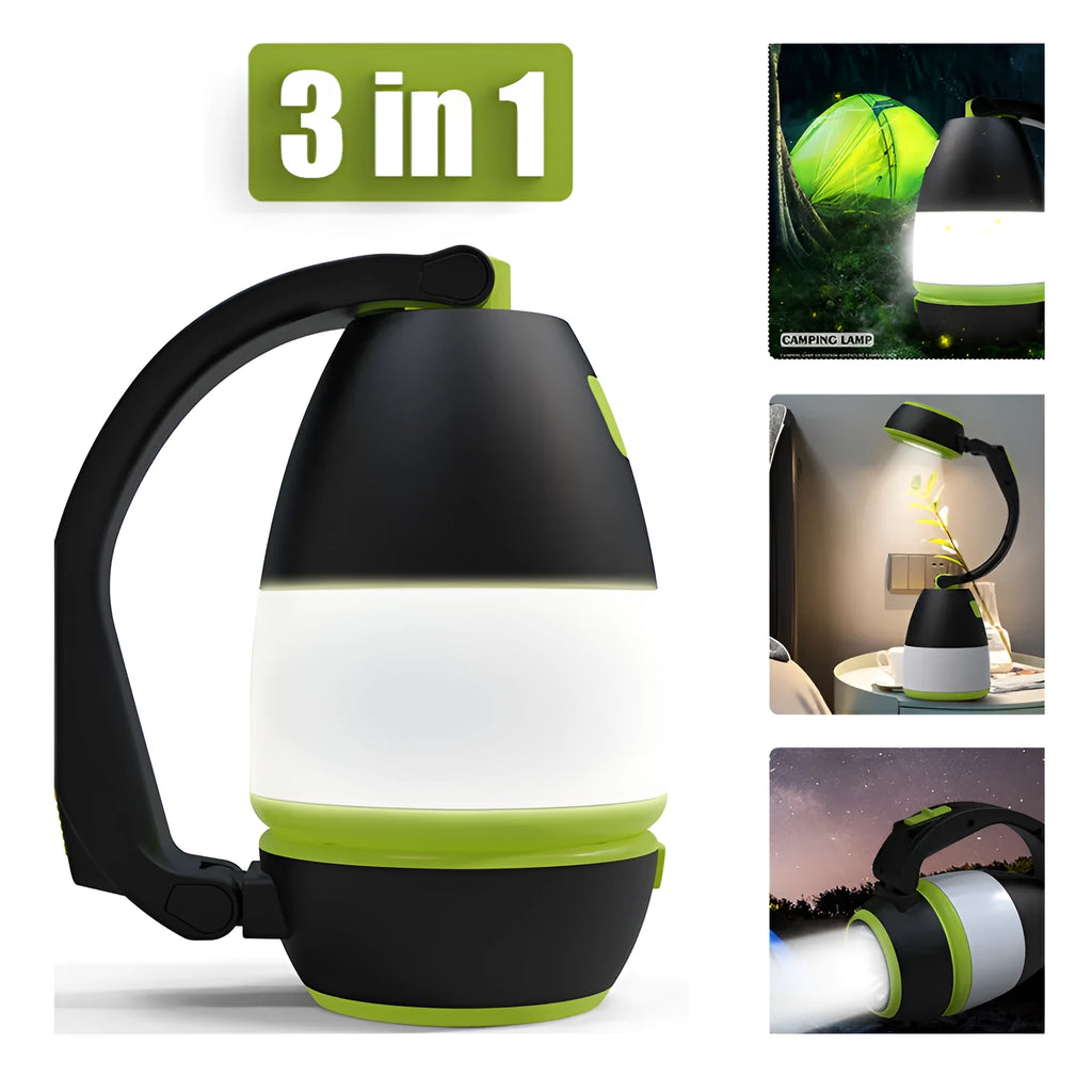 Black green foldable LED lamp with USB port shown in desk, camping, and flashlight modes
