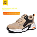 Men's black mesh breathable labour insurance safety shoes with a PU soft sole on a grey background.