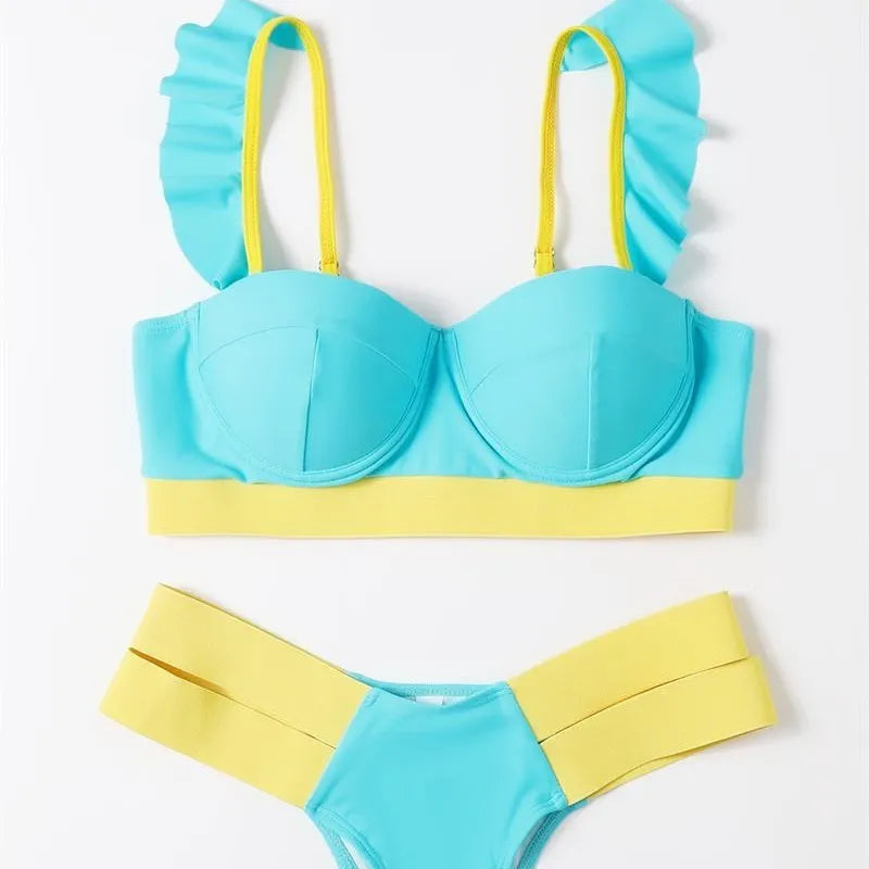 Women's steel bracket push-up bikini swimsuit in contrast colours showing front and back views