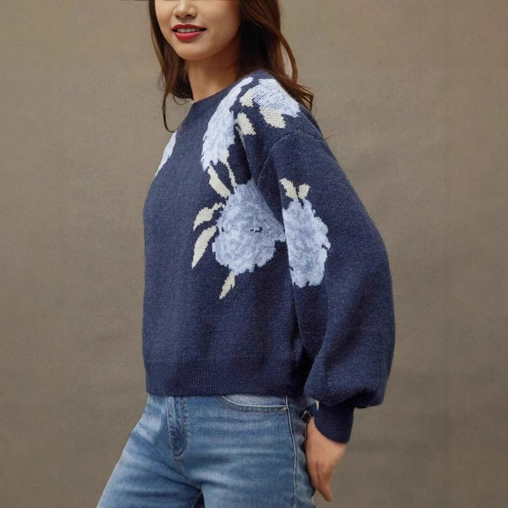 Sapphire Blue women's floral jacquard pullover with loose casual streetwear style