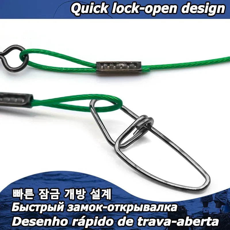 54cm steel wire fishing leaders with double buckle pin in black, green, and red colours