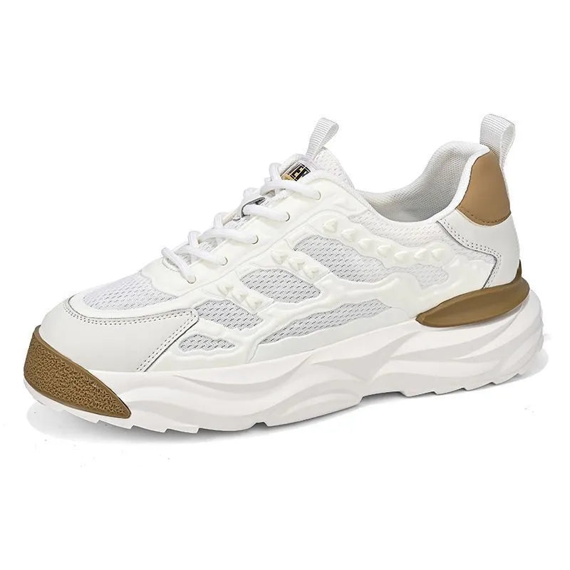 Men's white and black breathable mesh shoes with round toe design and PU mesh upper