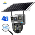 V380 4G outdoor security camera with solar panel showing three-screen monitor display