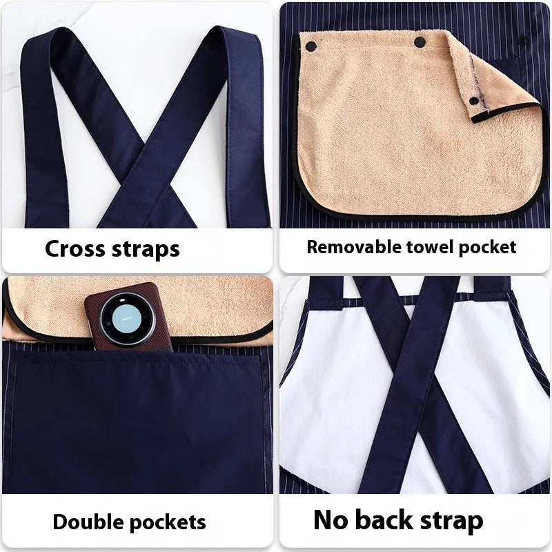 Waterproof polyester kitchen apron in free size showing colour options including black, dark blue, coffee and purplish blue
