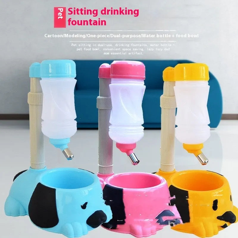 Adjustable height pet drinking bowl with water dispenser in pink, blue, or yellow colour options