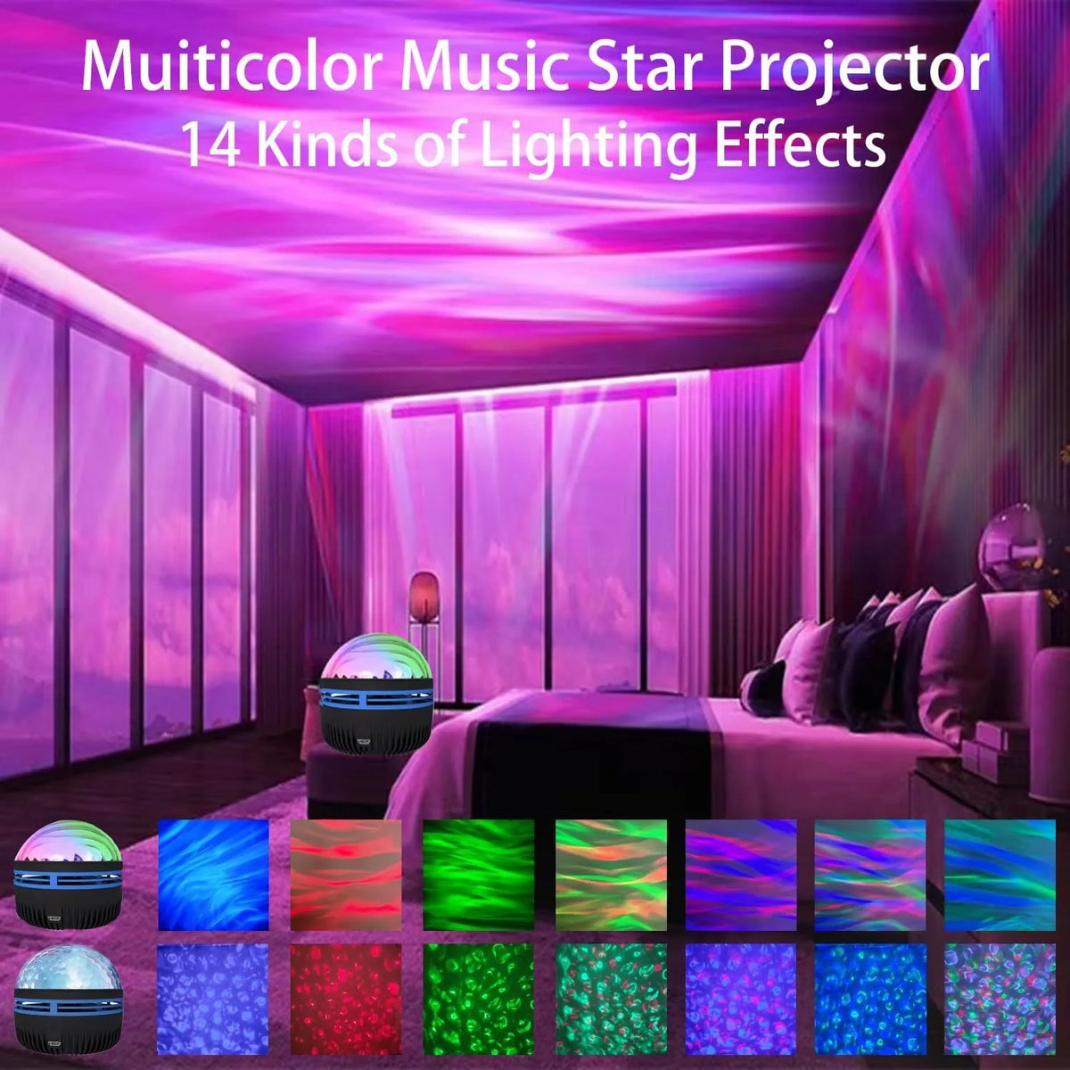 USB LED star projector lamp showing rotating light patterns for bedroom atmosphere
