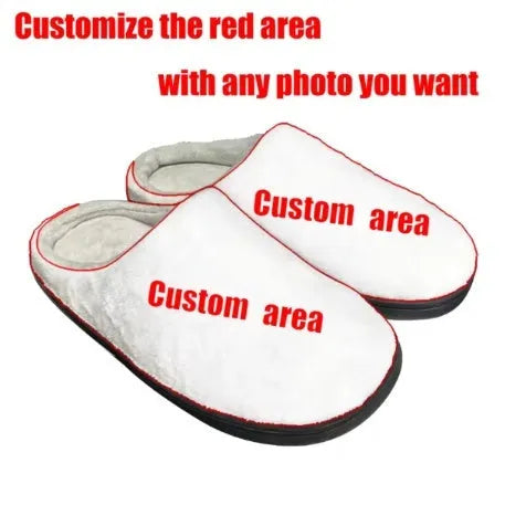 Customisable pattern printed cotton flannel slippers with a TPR sole on a wooden floor.