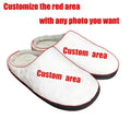 Customisable pattern printed cotton flannel slippers with a TPR sole on a wooden floor.