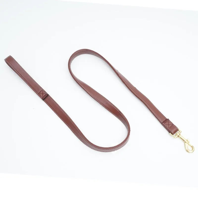 Roran black PU leather dog lead with metal clip attached to a dog collar.