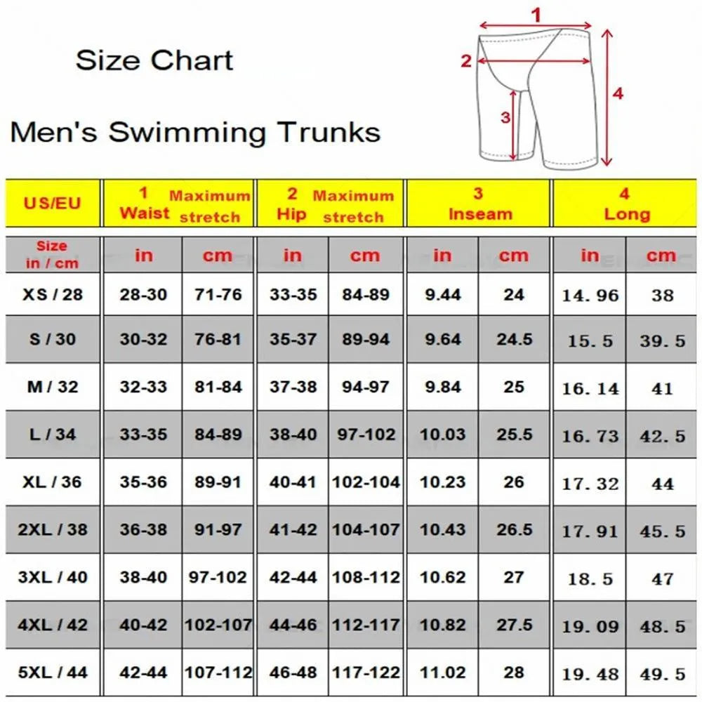 Adult swimming briefs in Lycra blend fabric on a size chart showing XS to 5XL.