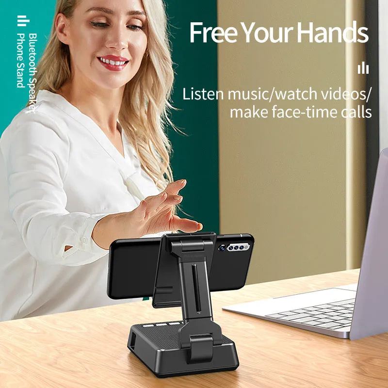 Black mobile phone broadcaster stand with Bluetooth speaker and HD microphone for live streaming desk use