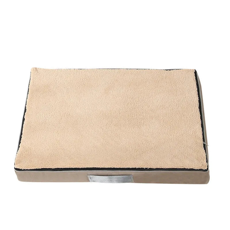 Brown removable washable memory sponge dog mattress pad on a wooden floor.