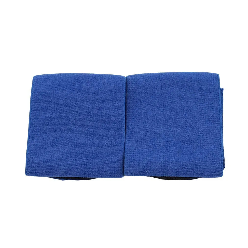 Red elastic rubber strap for securing football shin guards, shown next to shin pad