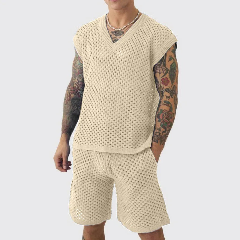 Men's blue cotton v-neck vest and matching shorts summer sports set