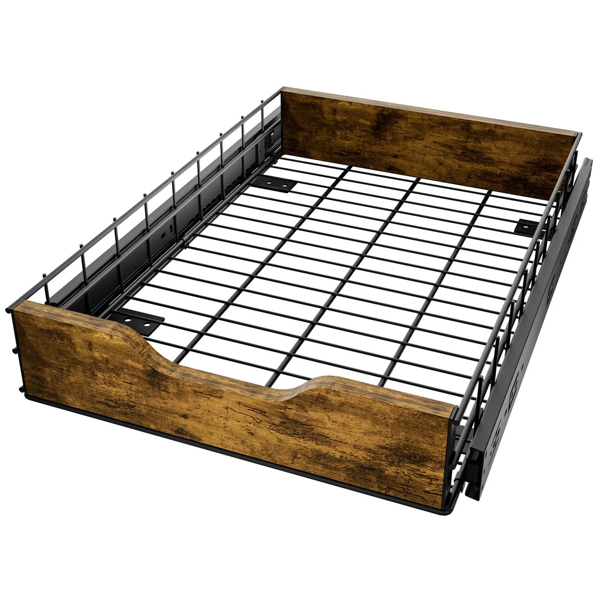 Black wooden and iron pull basket storage rack for modular home organisation.