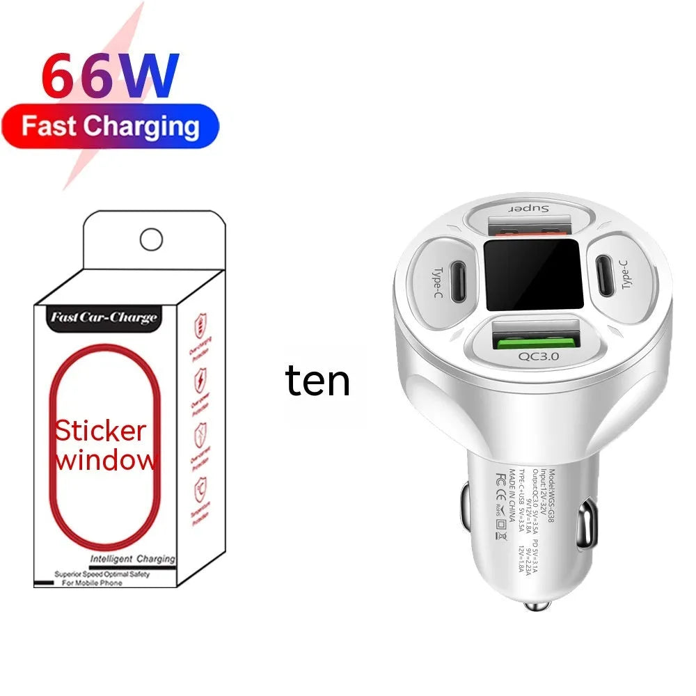 Black digital display car charger with two USB ports and two Type-C ports
