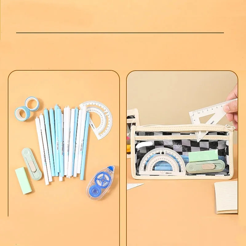 Transparent PVC pencil case with chessboard pattern showing pens inside