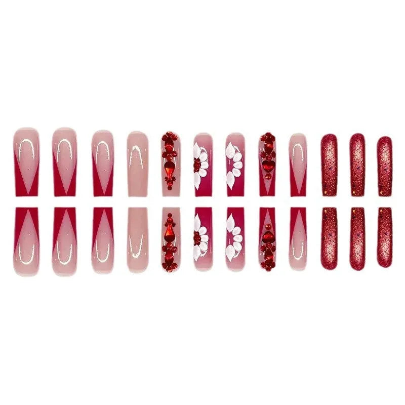 Sweet flowers and red diamond pattern on long European square removable false nails with glue and file.