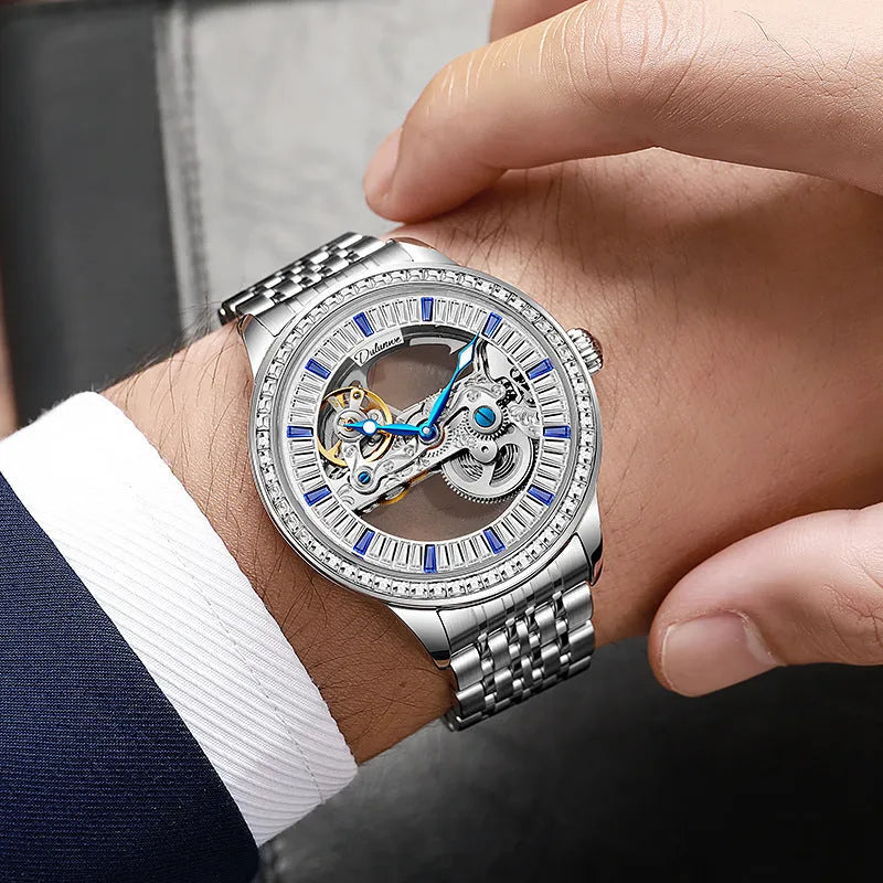 Luxury men's zircon mechanical watch with rose gold stainless steel belt and transparent case back