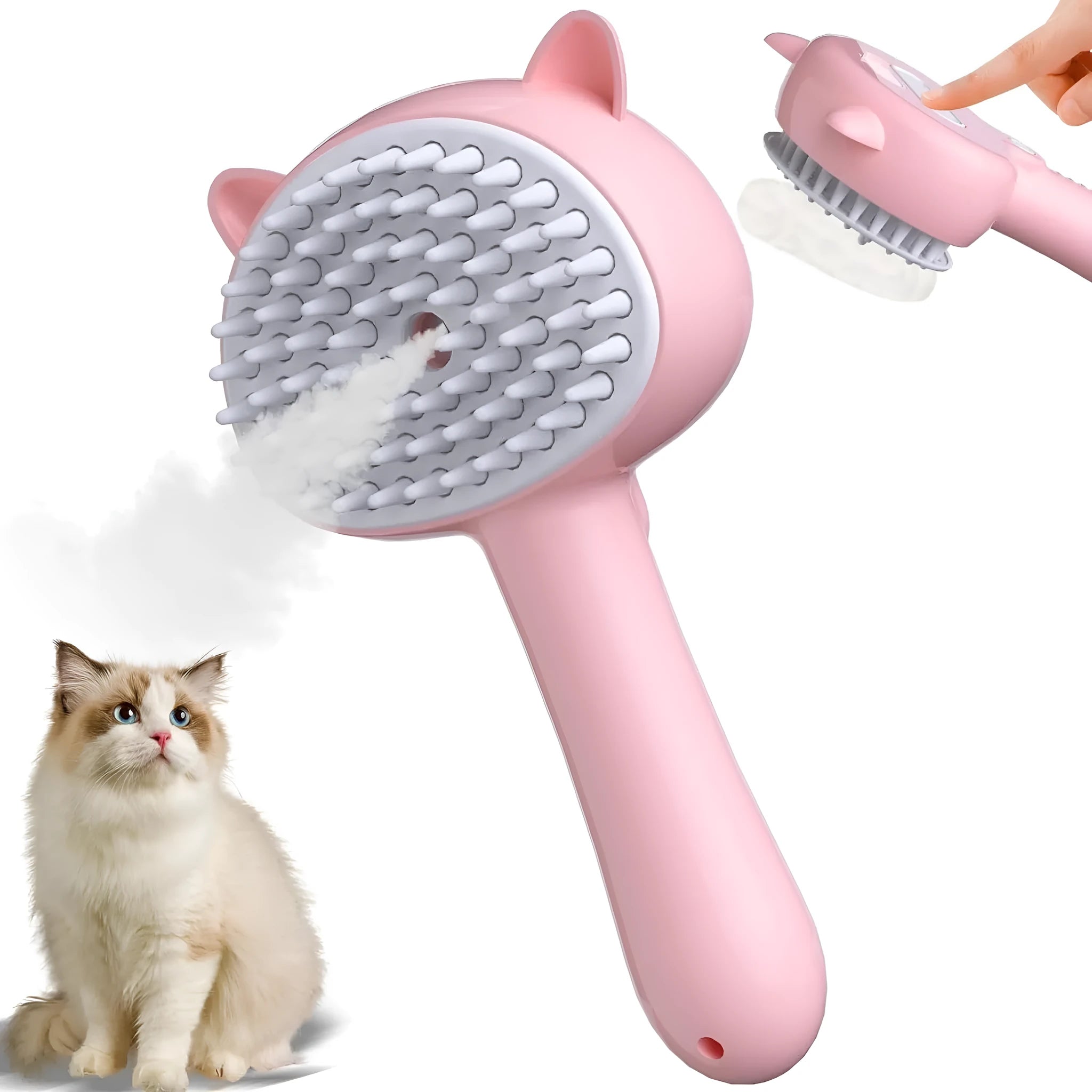 Blue cat steam brush with rubber bristles and ergonomic handle for pet grooming