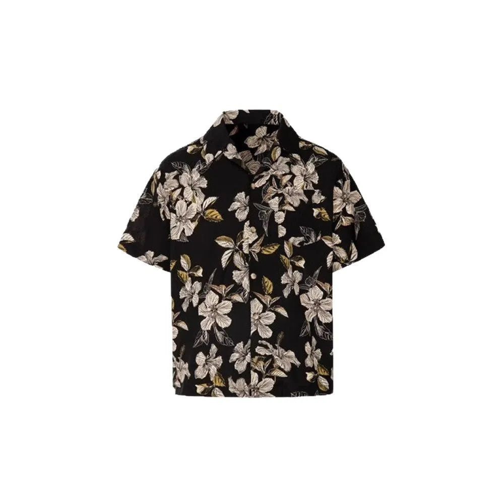 Black men's vintage Cuban collar short sleeve shirt with floral print and loose fit