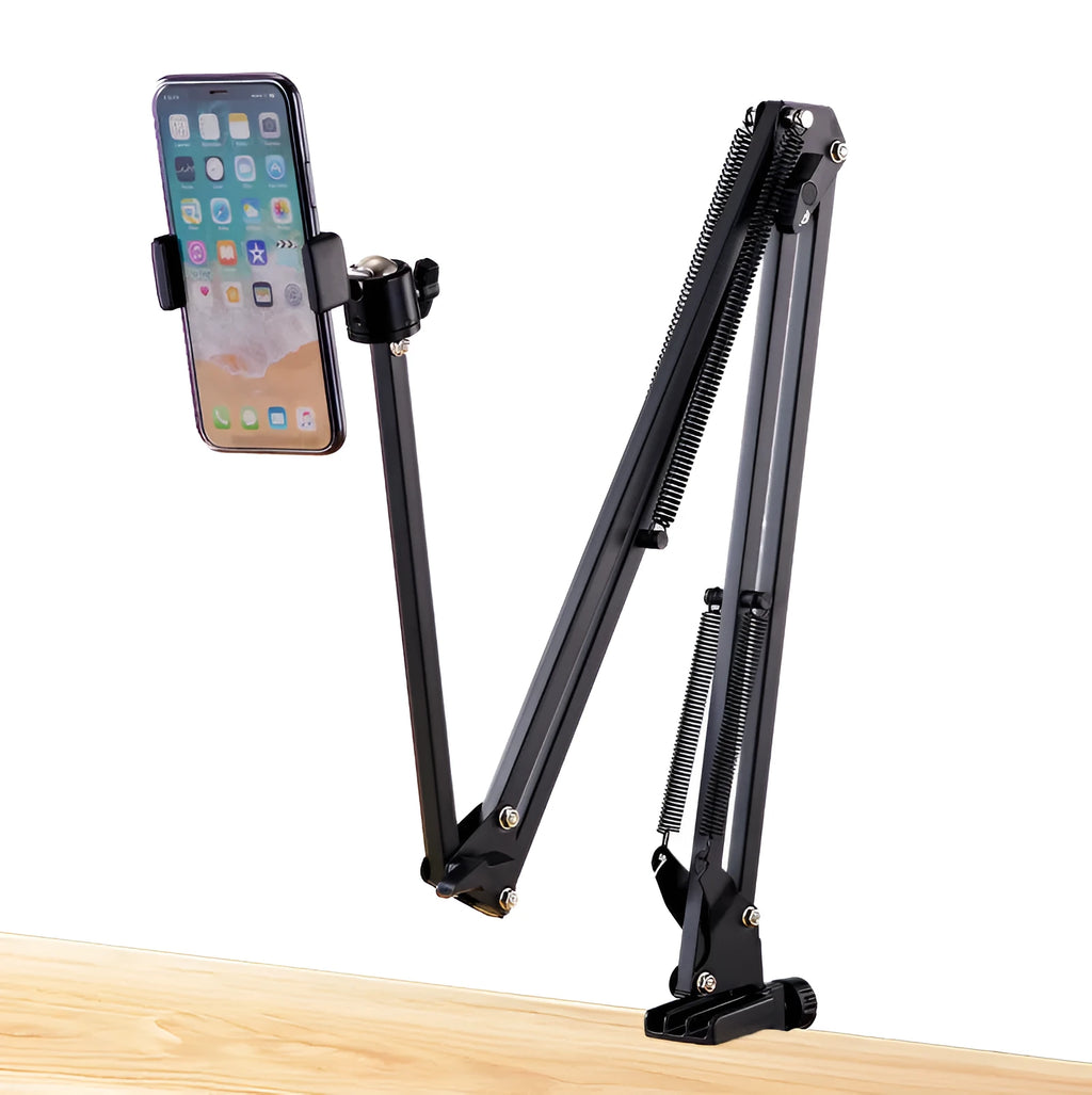 Black foldable desktop cantilever bracket with adjustable arm holding tablet