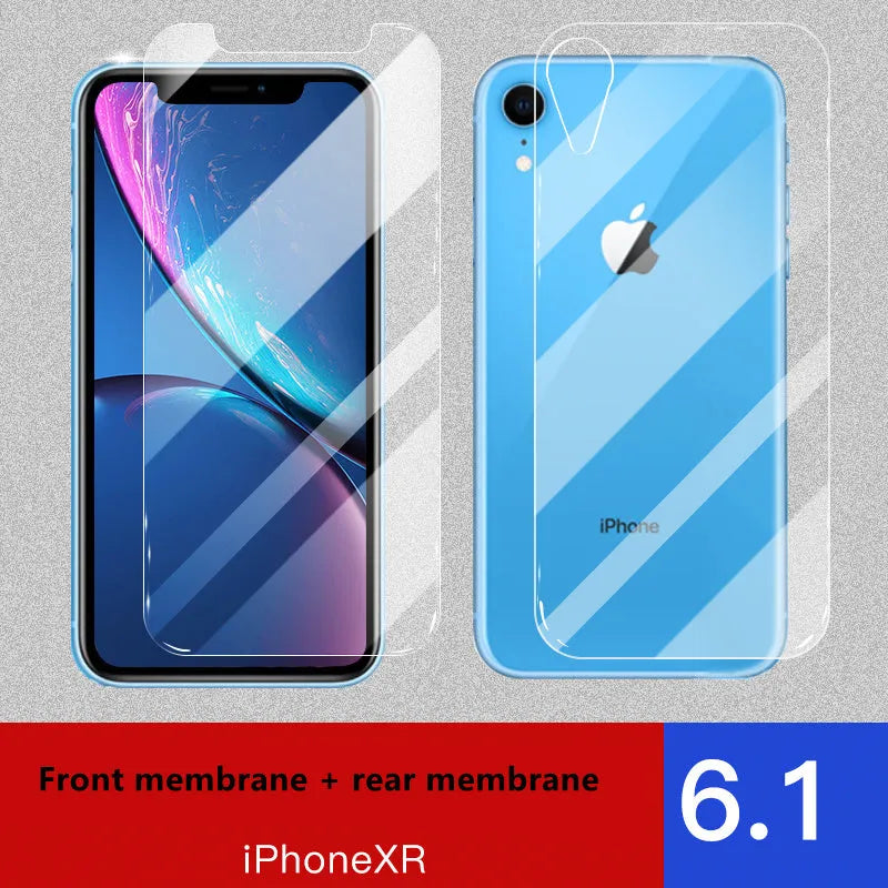 Apple iPhone tempered glass screen protector film for front and rear protection.