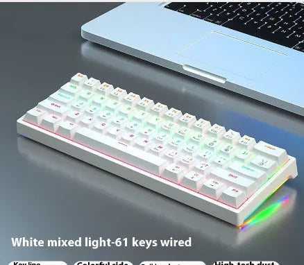 Blue and white 61-key mechanical keyboard with compact layout and hot-swappable switches