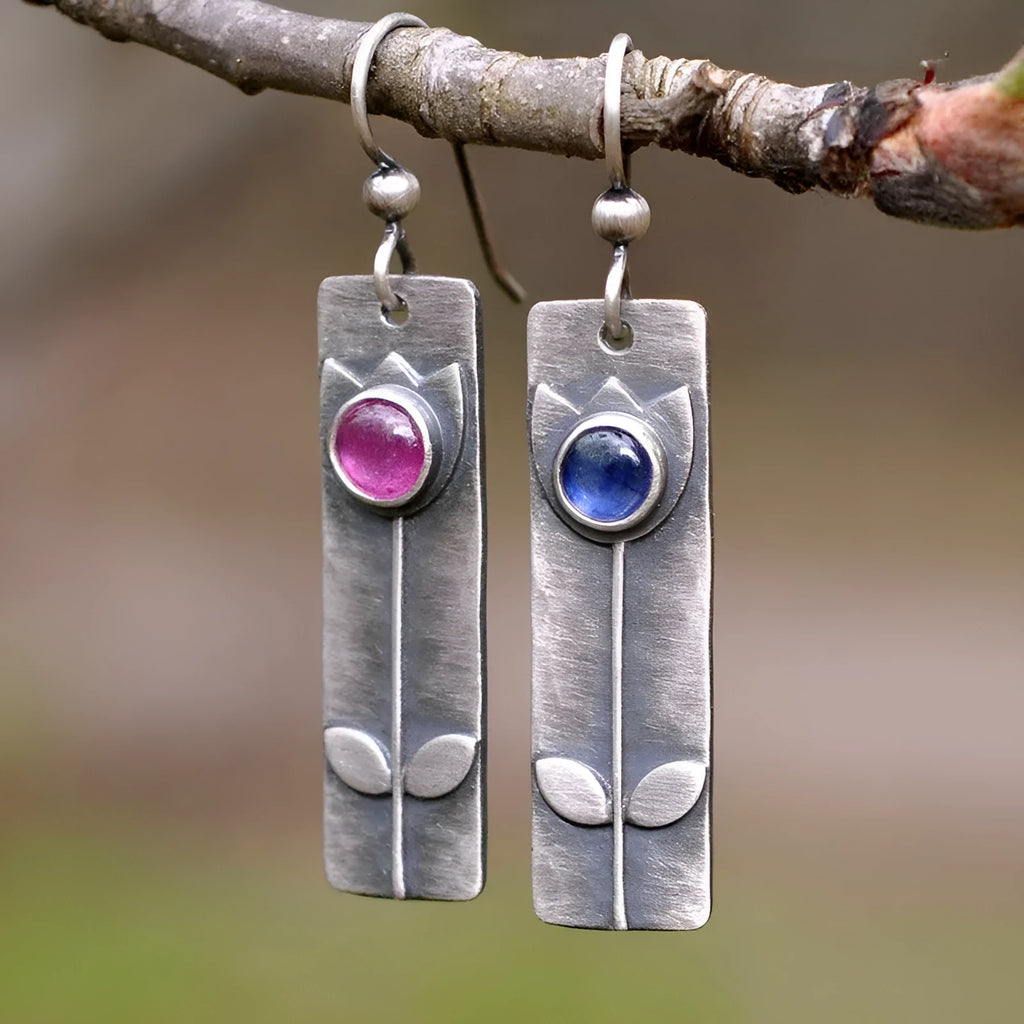 Antique finish red sapphire geometric drop earrings with ellipse pendant retro design