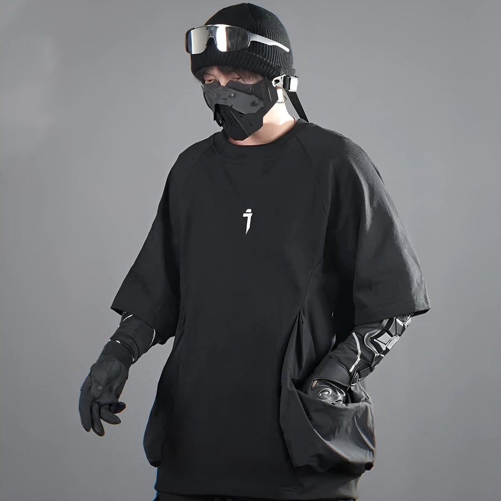 Men's loose casual cotton t-shirt with large pockets in black or grey colours