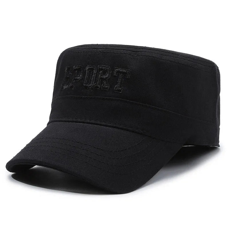 Cotton adjustable flat-top peaked cap for men in multiple colours with English letter detail.