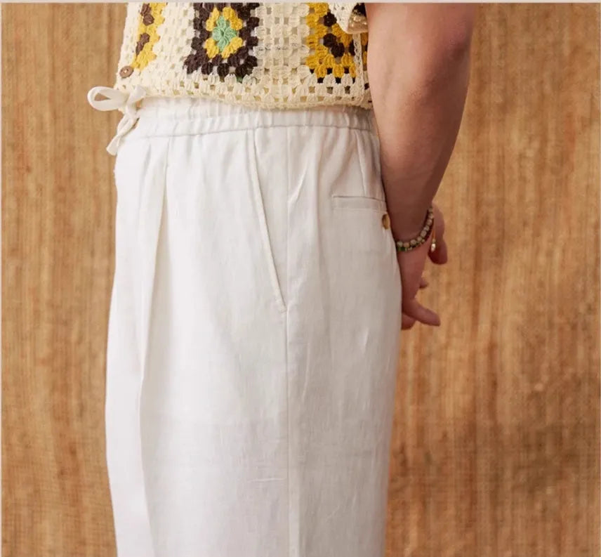 Women's linen high waist trousers with elasticated waistband in navy blue, straight-leg cut with lace detail