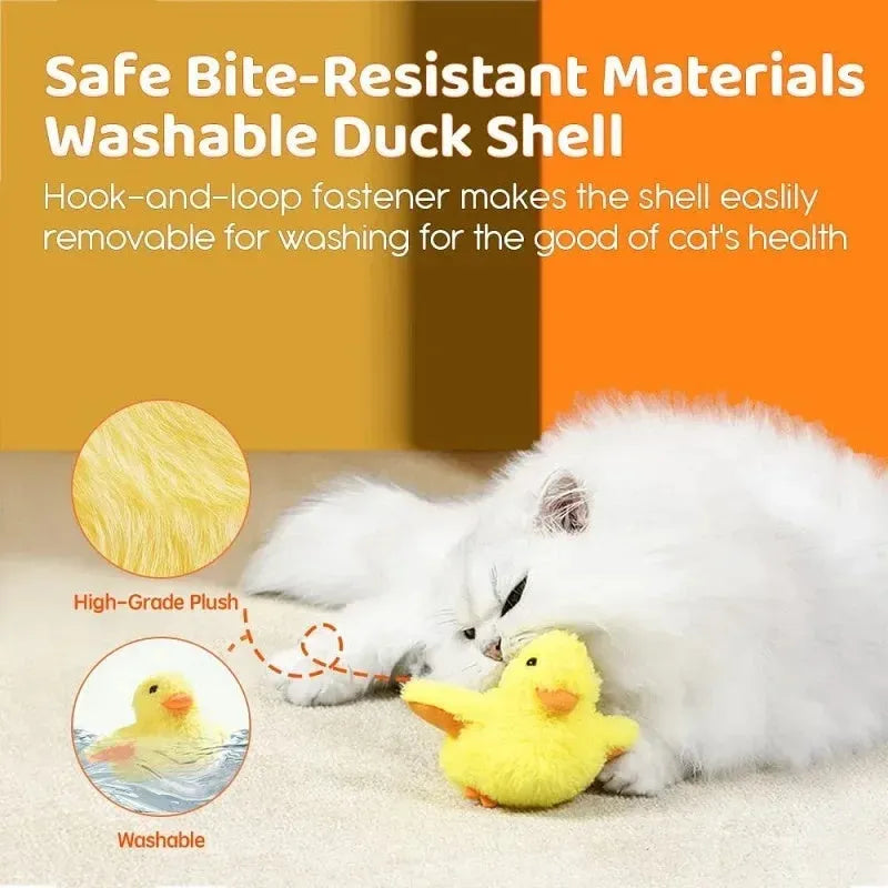 Yellow flapping duck plush cat toy with vibration sensor on a grey background.