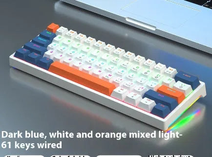 Blue and white 61-key mechanical keyboard with compact layout and hot-swappable switches