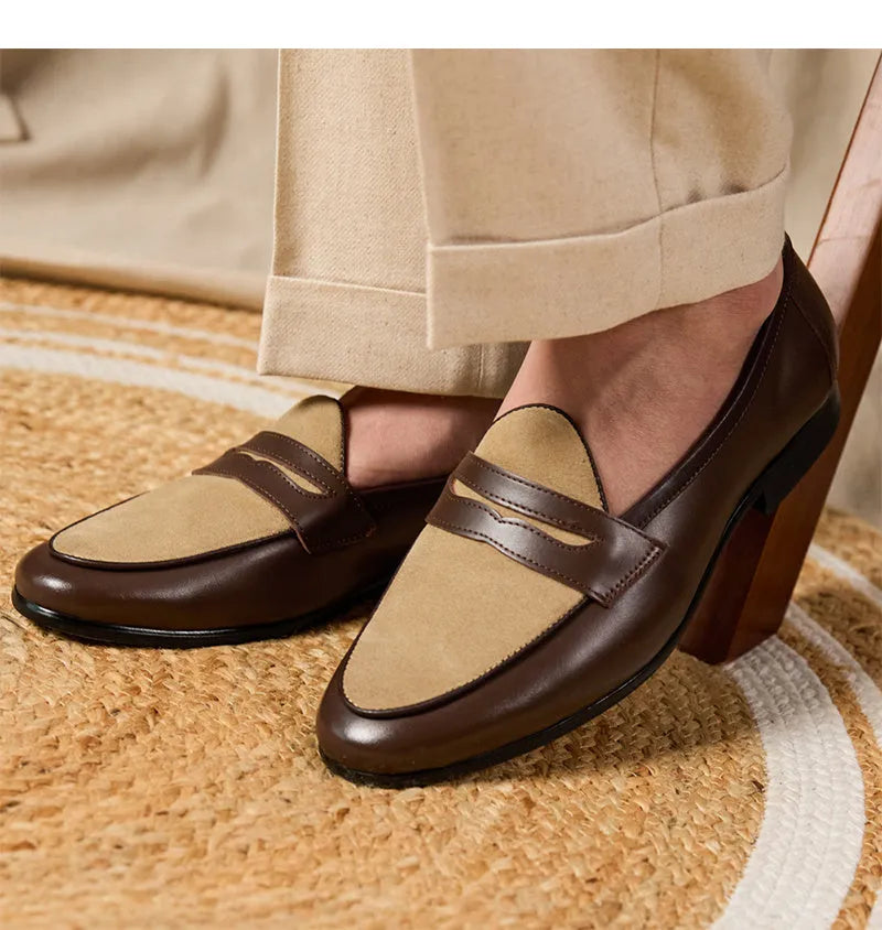 Coffee grey suede leather men's slip-on loafers with a rubber sole.
