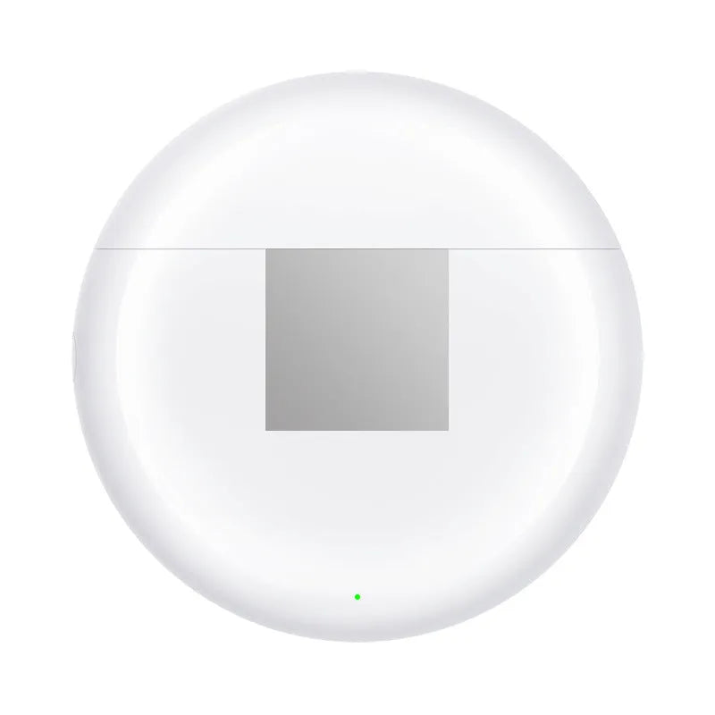 White Bluetooth Budz5 semi-in-ear wireless headphones with their matching charging case on a table.