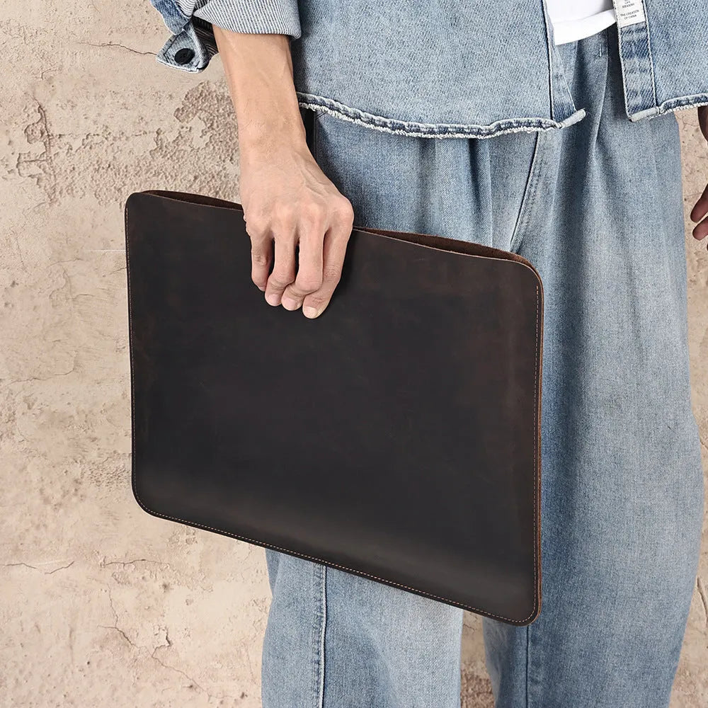 Men's horizontal computer liner bag in genuine crazy horse leather brown colour