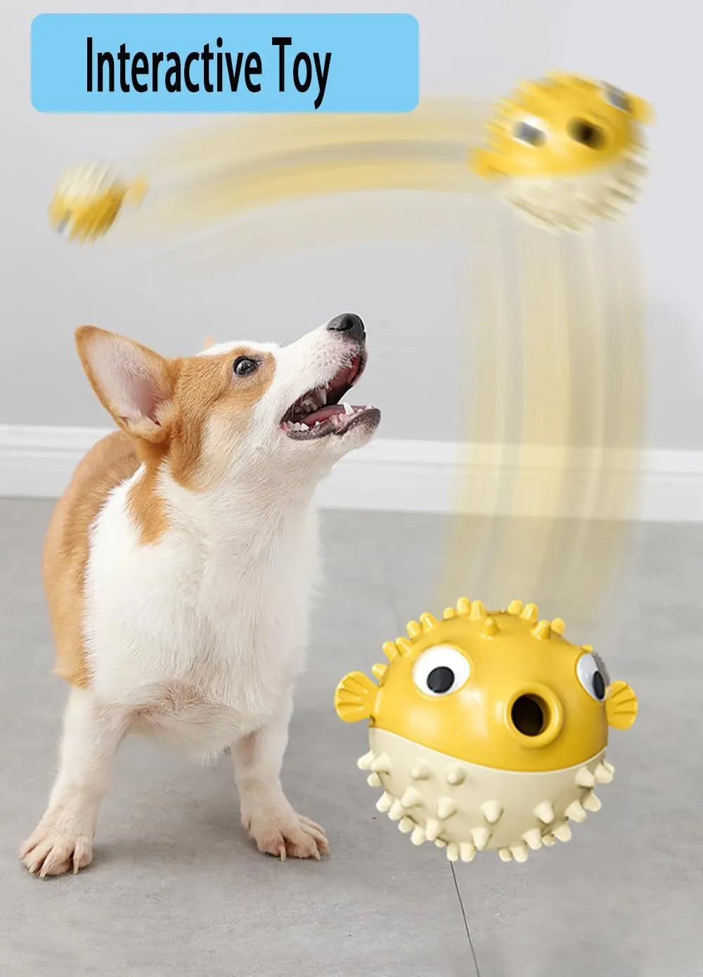 Fish-shaped interactive dog toy with treat dispensing in green, red, or yellow colours
