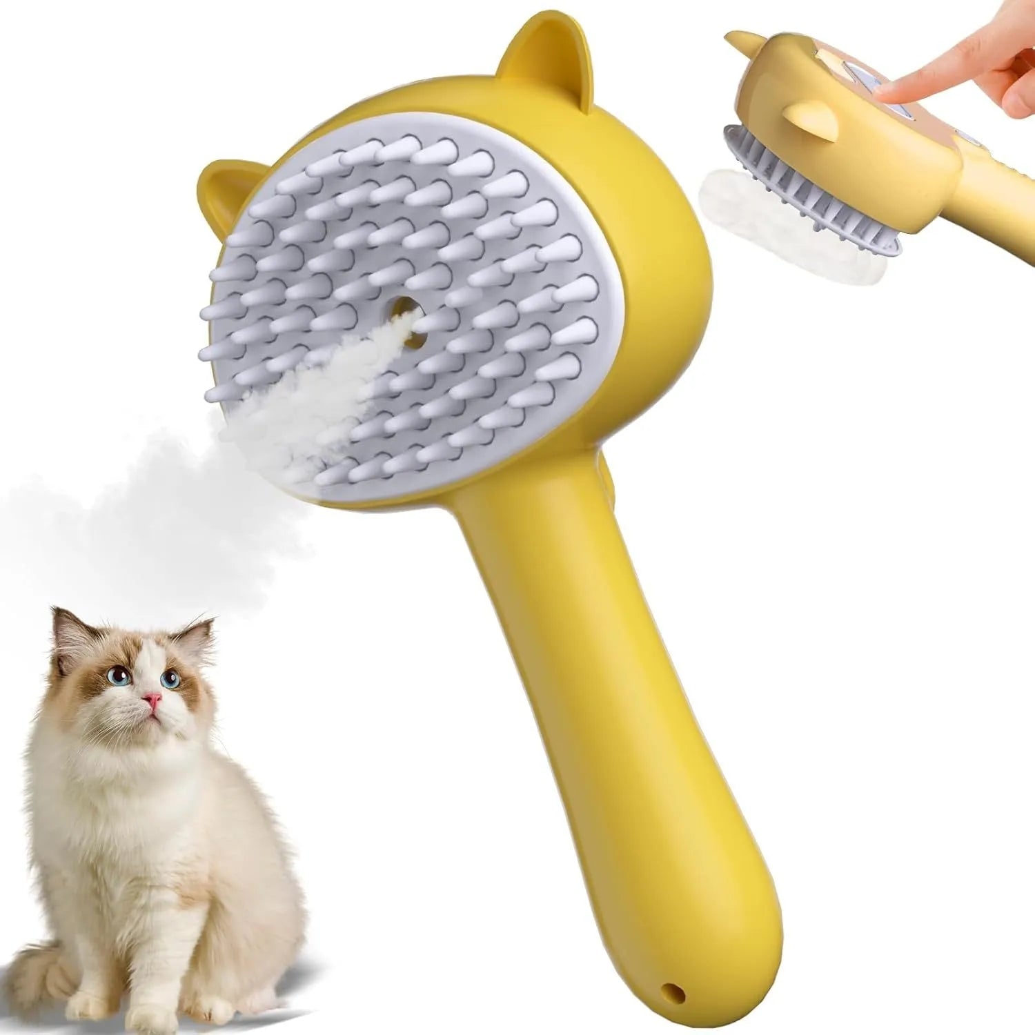 Blue cat steam brush with rubber bristles and ergonomic handle for pet grooming