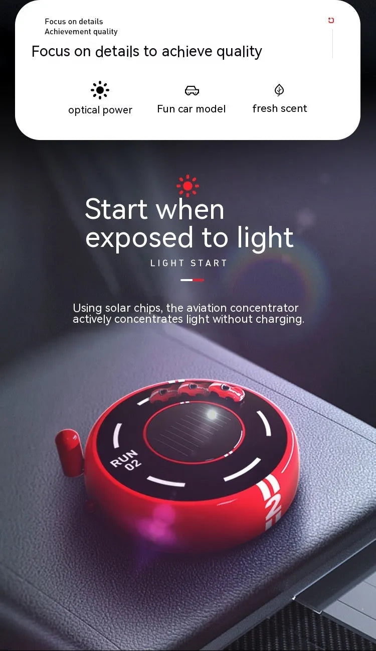 Round solar-powered car perfume decoration with light sense model in black, red, or white colours