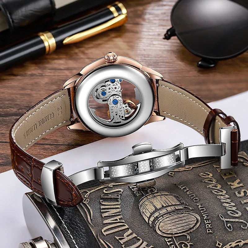 Luxury men's zircon mechanical watch with rose gold stainless steel belt and transparent case back
