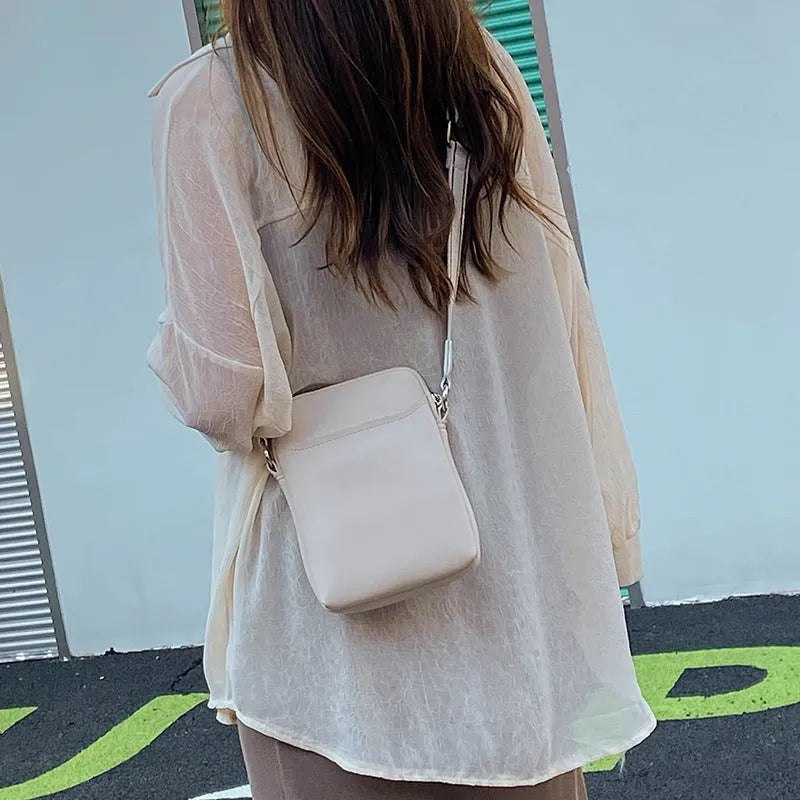 Solid colour PU leather mobile phone crossbody shoulder bag in black, beige, khaki, or green
