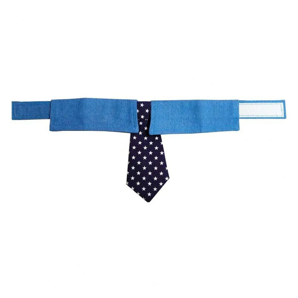 Denim dog collar with star pattern necktie adjustable for formal pet events