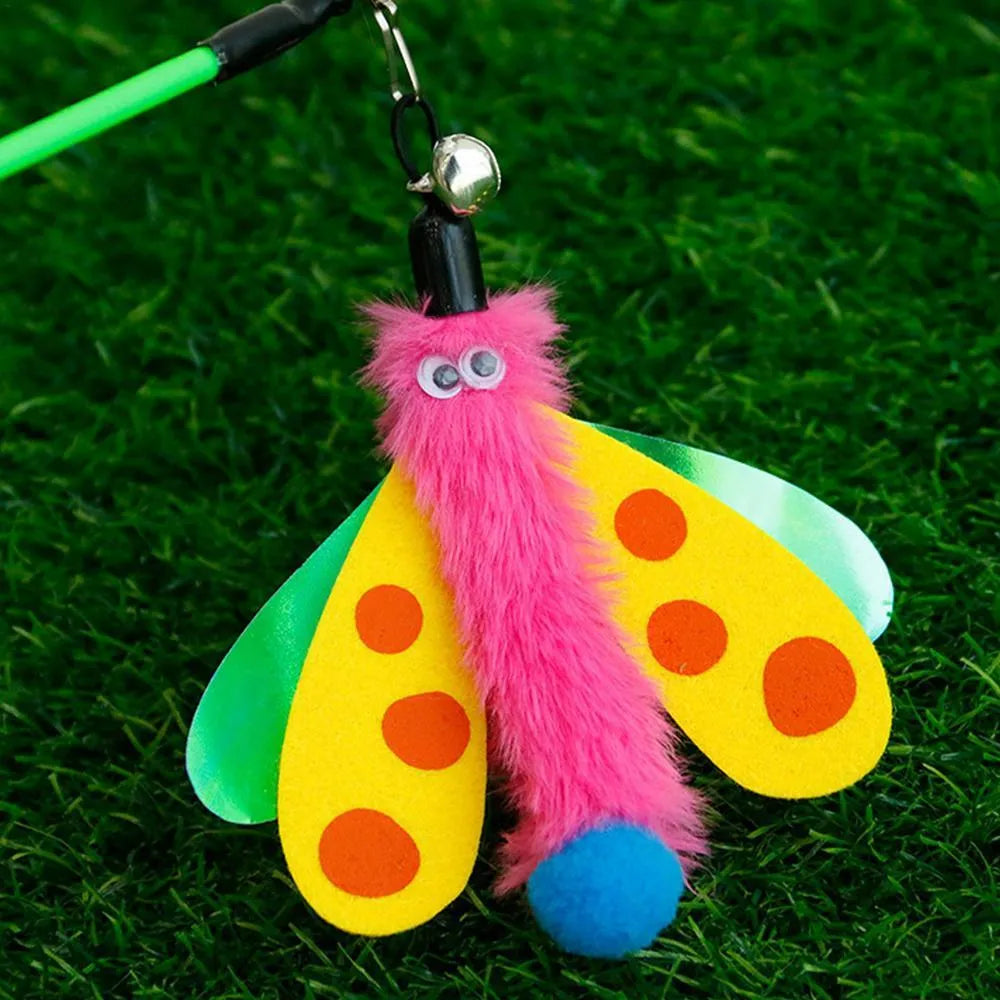 Blue cat wand toy with dragonfly attachment and bell on 49cm stick for interactive indoor play