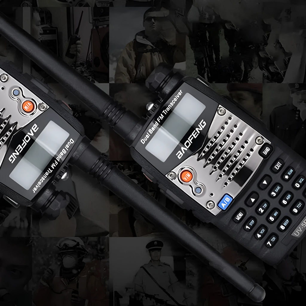 Baofeng UV-5RA dual display two-way radio with optional headset configurations.