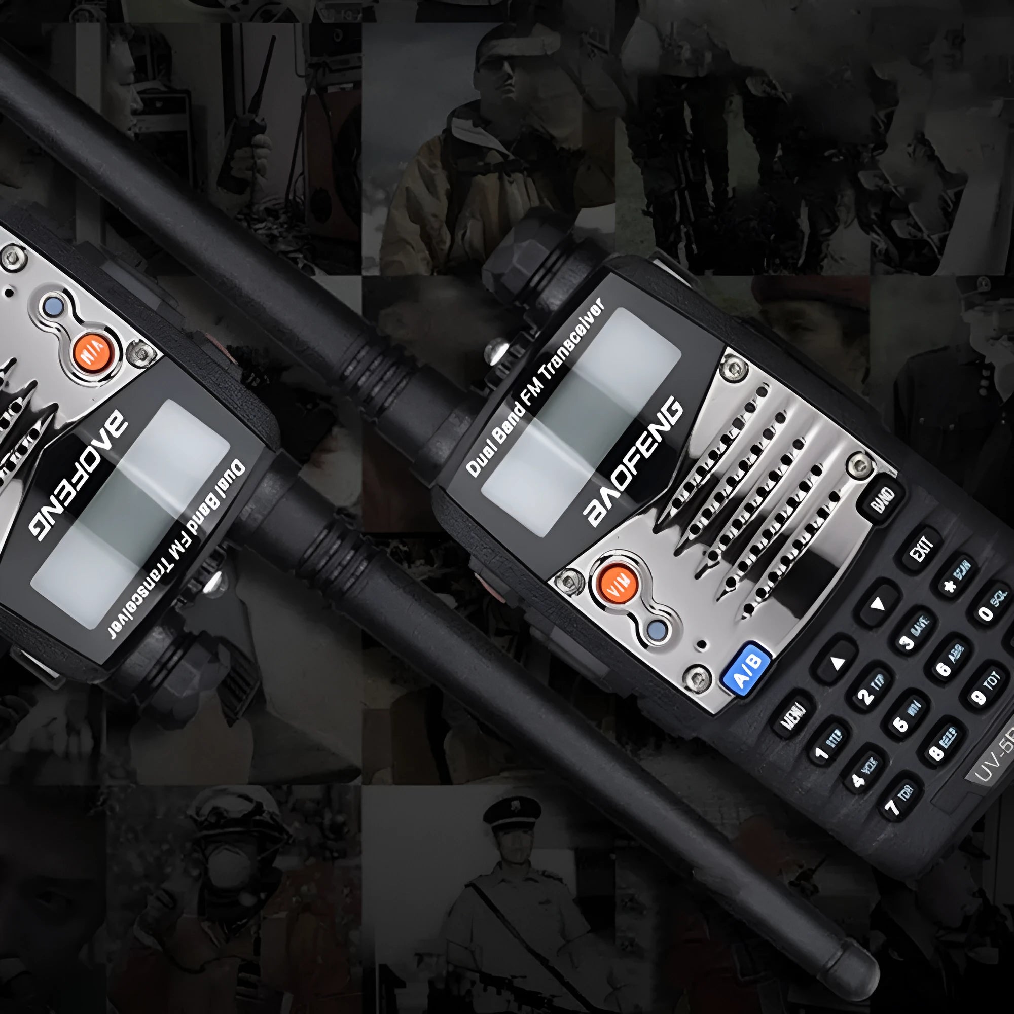Baofeng UV-5RA dual display two-way radio with optional headset configurations.