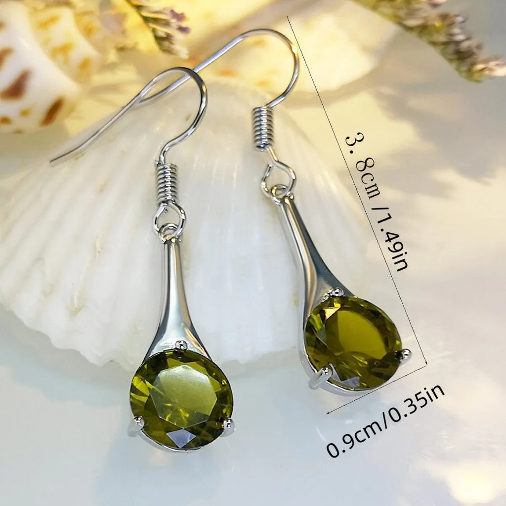 Olive green topaz drop earrings with water drop shape and gold electroplated finish